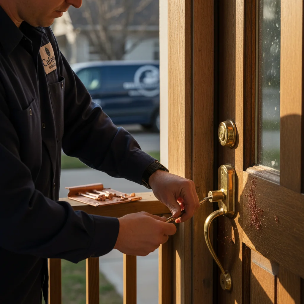 Milwaukee locksmith service van and tech at a residential front door