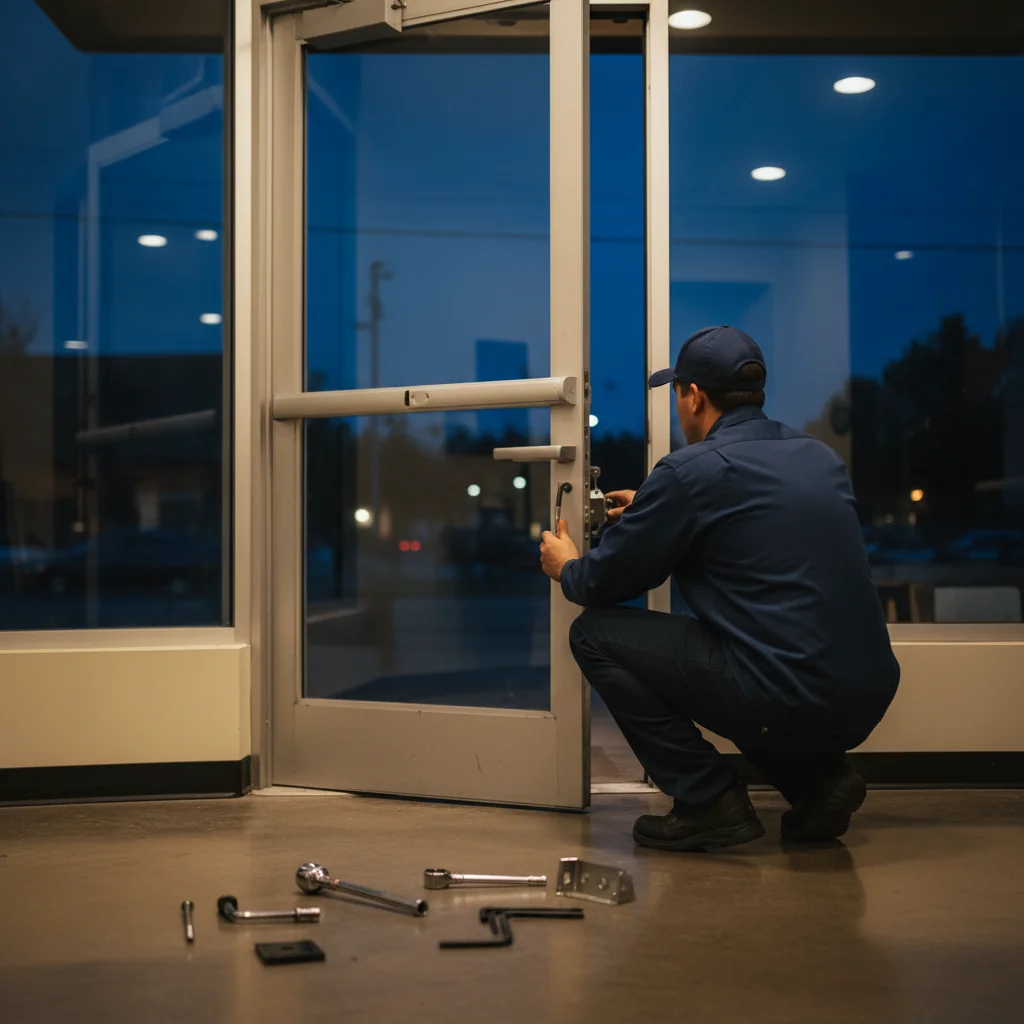 Locksmith servicing a commercial panic-bar door hardware