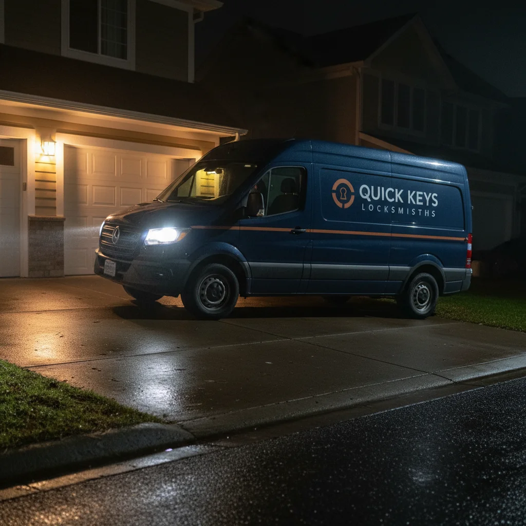 Locksmith van arriving at night with a homeowner waiting