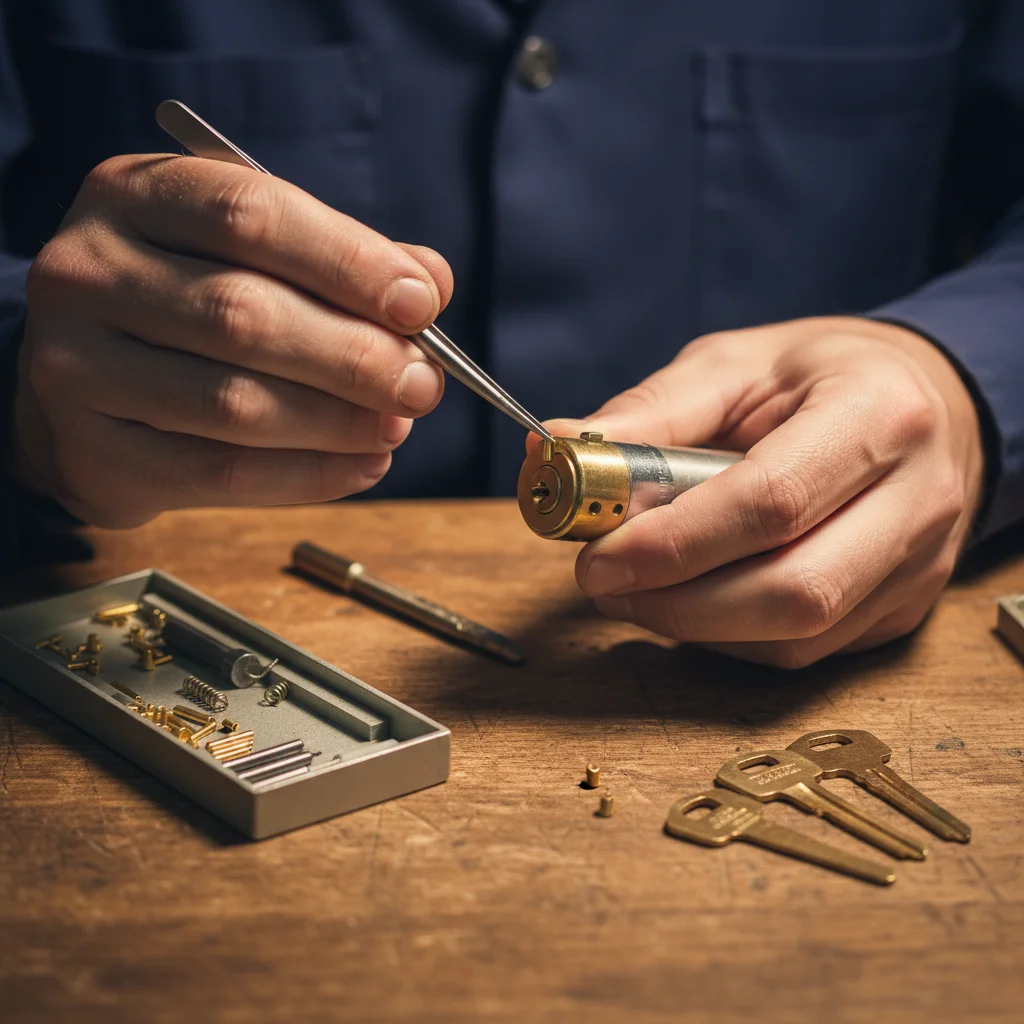 Locksmith rekeying a pin-tumbler cylinder on a workbench