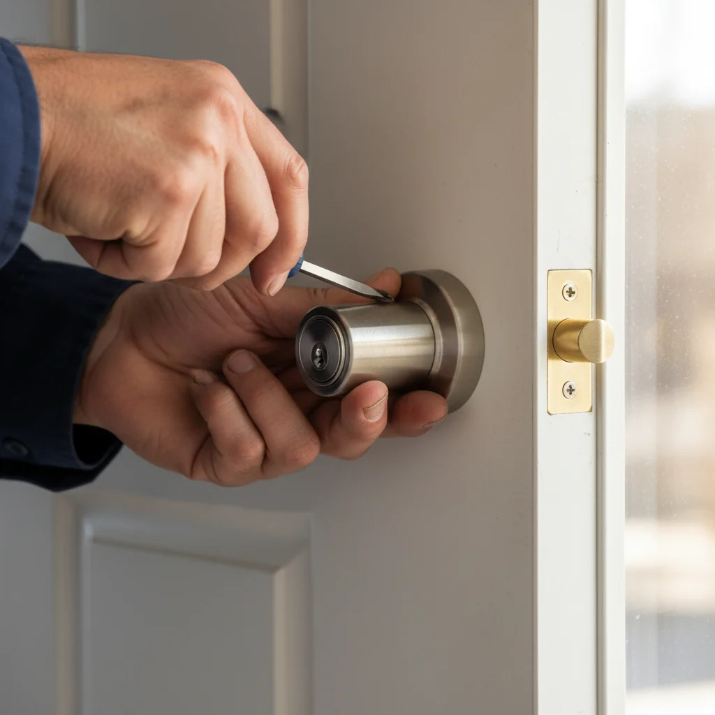 Locksmith installing a deadbolt on a residential entry door
