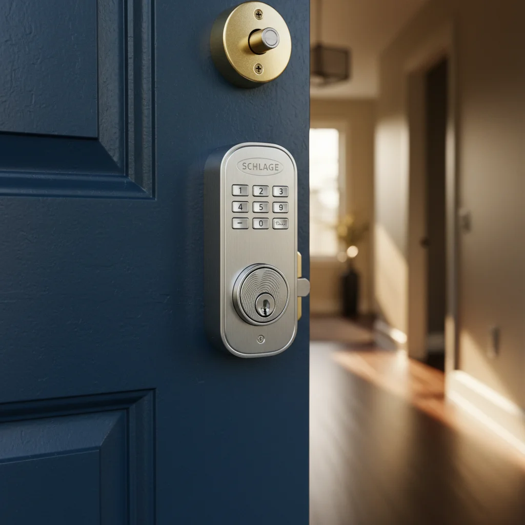 Smart lock with keypad mounted on a residential door